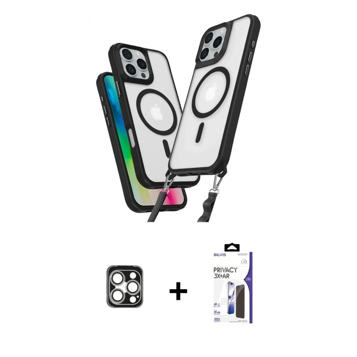 MARSİLYAN™- iPhone 16 Pro Max Kılıf Atlas Doku Koleksiyonu - Siyah Bilvis 3X AR Hayalet Cam Ekran Koruyucu + PVD Metal Kamera Lens - GS