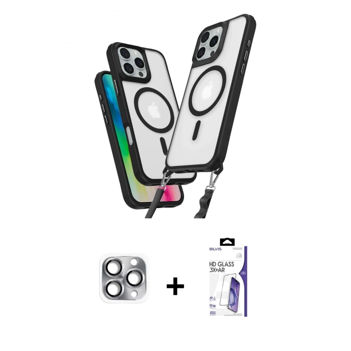 MARSİLYAN™- iPhone 16 Pro Max Kılıf Atlas Doku Koleksiyonu - Siyah Bilvis 3X AR HD Cam Ekran Koruyucu + Pers Alüminyum Kamera Lens - GI