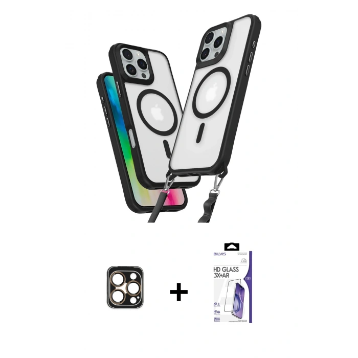 MARSİLYAN™- iPhone 16 Pro Max Kılıf Atlas Doku Koleksiyonu - Siyah Bilvis 3X AR HD Cam Ekran Koruyucu + PVD Metal Kamera Lens - GD