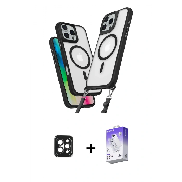 MARSİLYAN™- iPhone 16 Pro Max Kılıf Atlas Doku Koleksiyonu - Siyah Bilvis 5in1 3D Magic Cam Ekran Koruyucu + PVD Metal Kamera Lens - SH