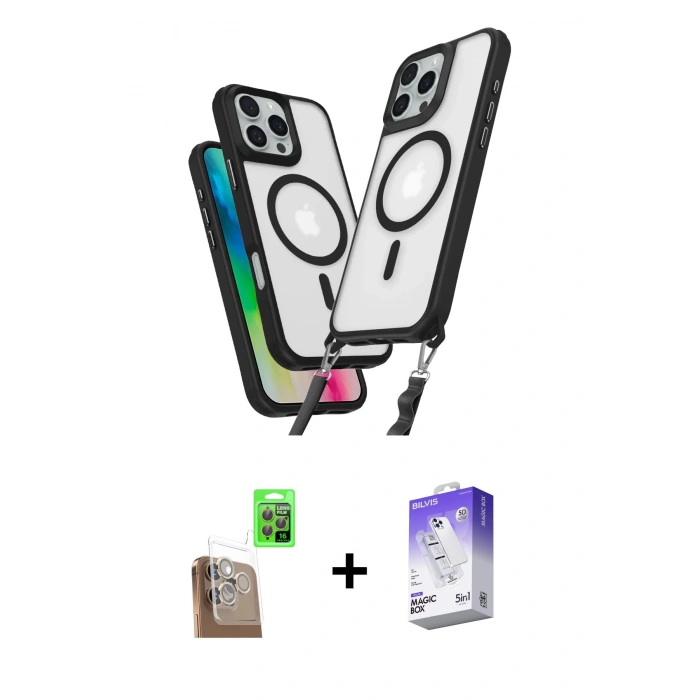 MARSİLYAN™- iPhone 16 Pro Max Kılıf Atlas Doku Koleksiyonu - Siyah Bilvis 5in1 3D Magic Cam Ekran Koruyucu + Raze Metal Kamera Lens - CLTM