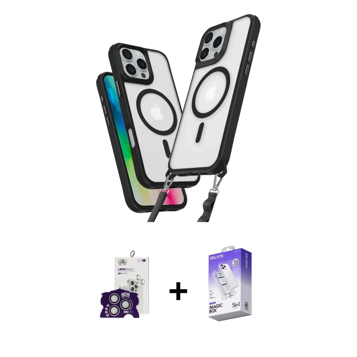 MARSİLYAN™- iPhone 16 Pro Max Kılıf Atlas Doku Koleksiyonu - Siyah Bilvis 5in1 3D Magic Cam Ekran Koruyucu + Bilvis Titan Kamera Lens - GS