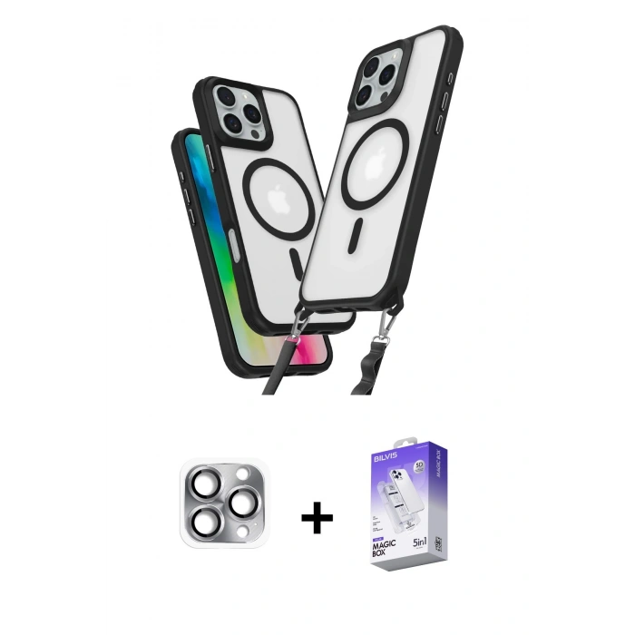 MARSİLYAN™- iPhone 16 Pro Max Kılıf Atlas Doku Koleksiyonu - Siyah Bilvis 5in1 3D Magic Cam Ekran Koruyucu + Pers Alüminyum Kamera Lens - GI