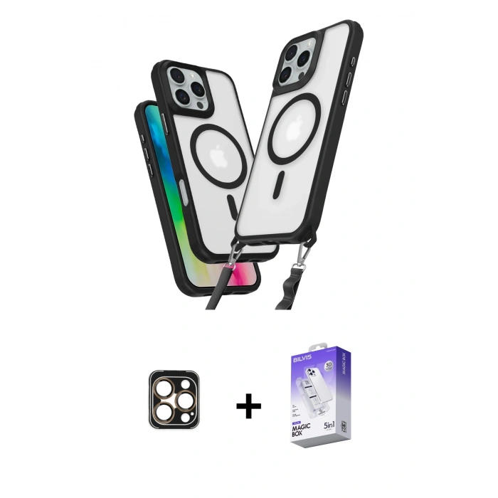 MARSİLYAN™- iPhone 16 Pro Max Kılıf Atlas Doku Koleksiyonu - Siyah Bilvis 5in1 3D Magic Cam Ekran Koruyucu + Gold PVD Metal Kamera Lens
