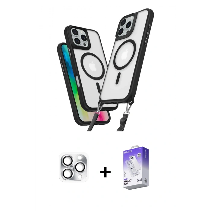MARSİLYAN™- iPhone 16 Pro Max Kılıf Atlas Doku Koleksiyonu - Siyah Bilvis 5in1 3D Magic Cam Ekran Koruyucu + Pers Alüminyum Kamera Lens - GS