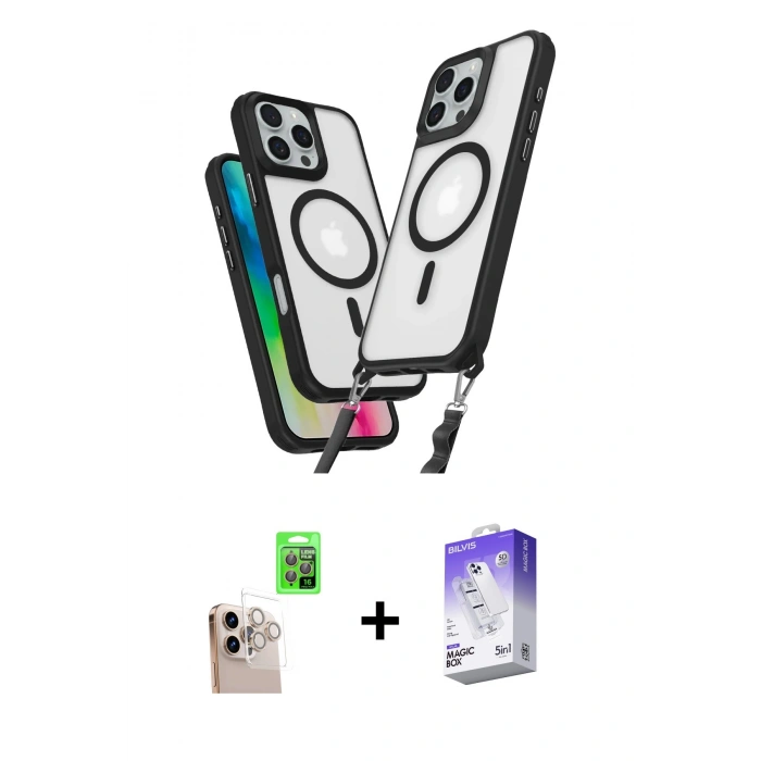 MARSİLYAN™- iPhone 16 Pro Max Kılıf Atlas Doku Koleksiyonu - Siyah Bilvis 5in1 3D Magic Cam Ekran Koruyucu + Raze Metal Kamera Lens - NLGY
