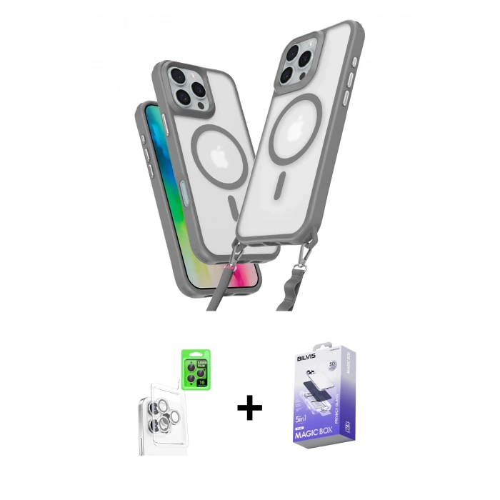 MARSİLYAN™- iPhone 16 Pro Max Kılıf Atlas Doku Koleksiyonu - Siyah Bilvis 5in1 5D Magic Hayalet Cam Ekran Koruyucu + Beyaz Raze Metal Kamera Lens
