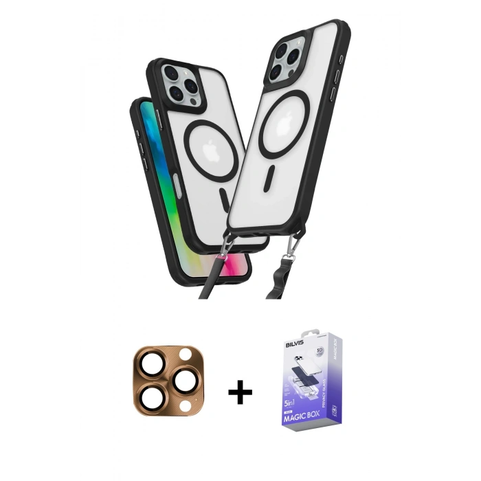 MARSİLYAN™- iPhone 16 Pro Max Kılıf Atlas Doku Koleksiyonu - Siyah Bilvis 5in1 5D Magic Hayalet Cam Ekran Koruyucu + Pers Alüminyum Kamera Lens - CLTM