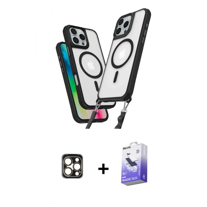 MARSİLYAN™- iPhone 16 Pro Max Kılıf Atlas Doku Koleksiyonu - Siyah Bilvis 5in1 5D Magic Hayalet Cam Ekran Koruyucu + PVD Metal Kamera Lens - GD