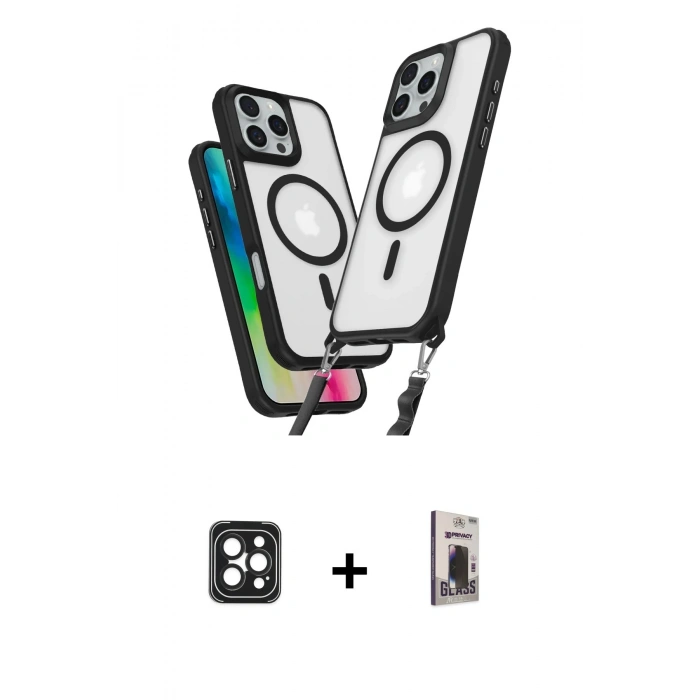 MARSİLYAN™- iPhone 16 Pro Max Kılıf Atlas Doku Koleksiyonu - Siyah Bilvis Hayalet Cam Ekran Koruyucu + PVD Metal Kamera Lens - SH