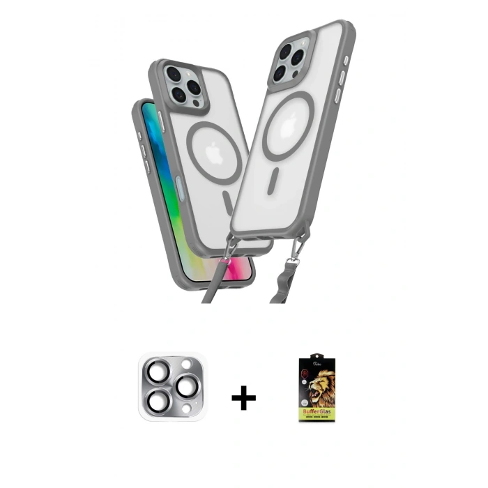 MARSİLYAN™- iPhone 16 Pro Max Kılıf Atlas Doku Koleksiyonu - Siyah Buffer Cam Ekran Koruyucu + Gri Pers Alüminyum Kamera Lens
