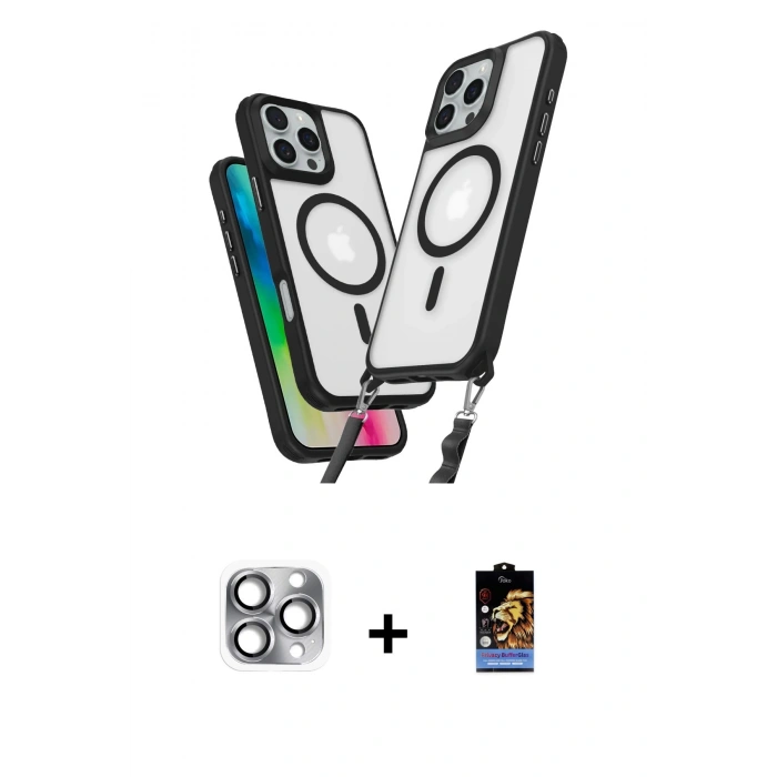 MARSİLYAN™- iPhone 16 Pro Max Kılıf Atlas Doku Koleksiyonu - Siyah Buffer Hayalet Cam Ekran Koruyucu + Pers Alüminyum Kamera Lens - GI