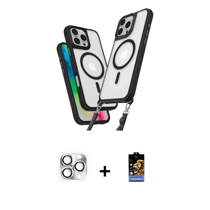 MARSİLYAN™- iPhone 16 Pro Max Kılıf Atlas Doku Koleksiyonu - Siyah Buffer Hayalet Cam Ekran Koruyucu + Pers Alüminyum Kamera Lens - GS