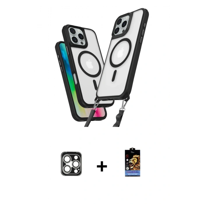 MARSİLYAN™- iPhone 16 Pro Max Kılıf Atlas Doku Koleksiyonu - Siyah Buffer Hayalet Cam Ekran Koruyucu + PVD Metal Kamera Lens - GS