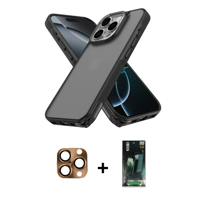 MARSİLYAN™- iPhone 16 Pro Max Kılıf Atlas Form - Siyah 360 Mat Full Body Arka Koruyucu + Pers Alüminyum Kamera Lens - CLTM