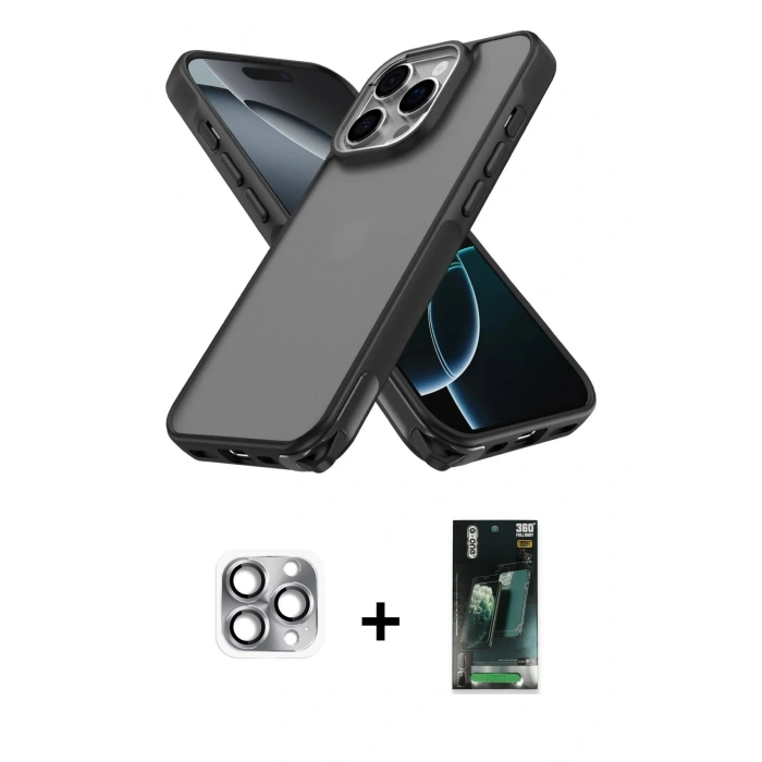 MARSİLYAN™- iPhone 16 Pro Max Kılıf Atlas Form - Siyah 360 Mat Full Body Arka Koruyucu + Pers Alüminyum Kamera Lens - GI