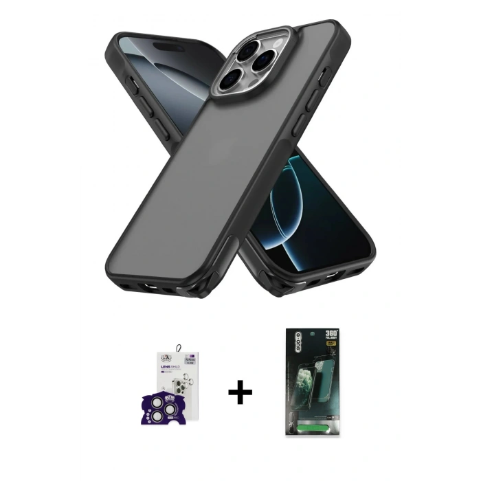 MARSİLYAN™- iPhone 16 Pro Max Kılıf Atlas Form - Siyah 360 Mat Full Body Arka Koruyucu + Bilvis Titan Kamera Lens - TMGI