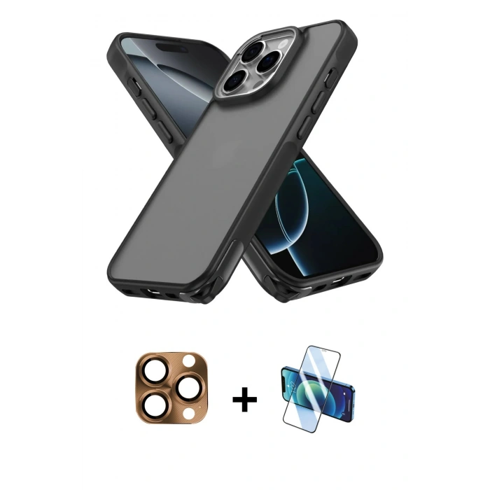 MARSİLYAN™- iPhone 16 Pro Max Kılıf Atlas Form - Siyah 3D Antistatik Cam Ekran Koruyucu + Pers Alüminyum Kamera Lens - CLTM