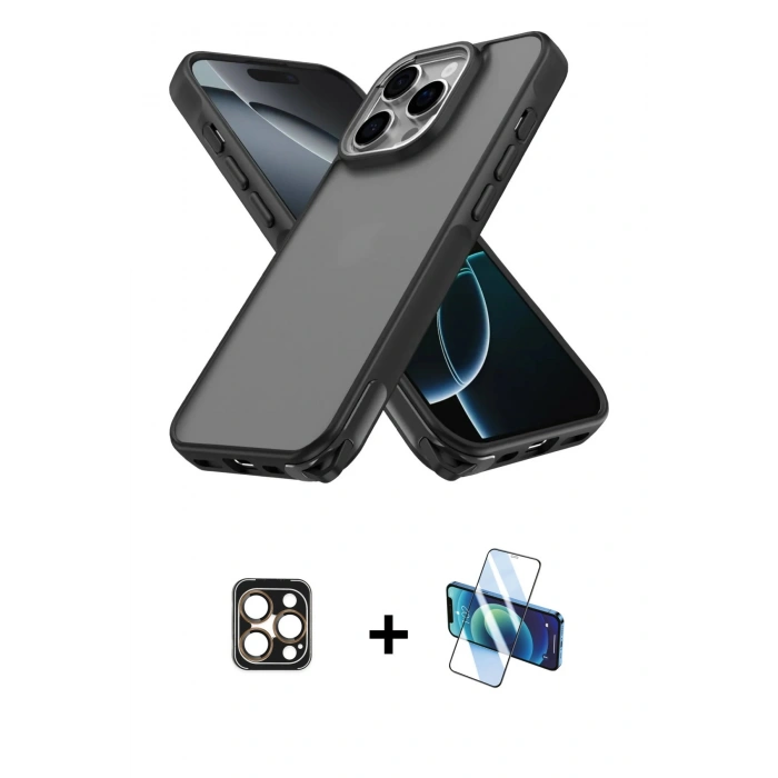 MARSİLYAN™- iPhone 16 Pro Max Kılıf Atlas Form - Siyah 3D Antistatik Cam Ekran Koruyucu + PVD Metal Kamera Lens - GD