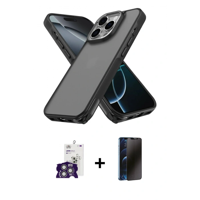 MARSİLYAN™- iPhone 16 Pro Max Kılıf Atlas Form - Siyah 3D Antistatik Hayalet Cam Ekran Koruyucu + Bilvis Titan Kamera Lens - GS