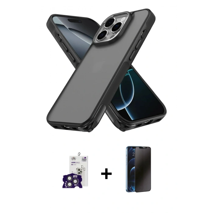 MARSİLYAN™- iPhone 16 Pro Max Kılıf Atlas Form - Siyah 3D Antistatik Hayalet Cam Ekran Koruyucu + Bilvis Titan Kamera Lens - TMGI
