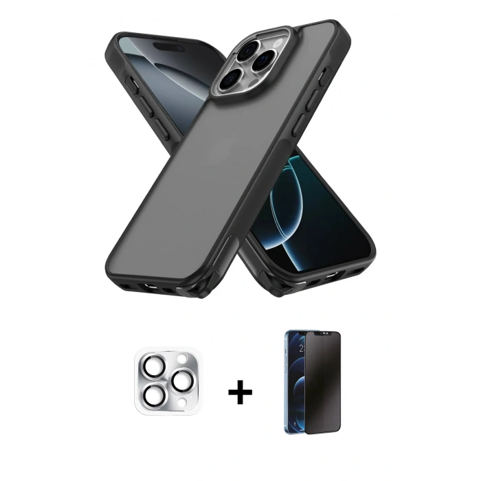 MARSİLYAN™- iPhone 16 Pro Max Kılıf Atlas Form - Siyah 3D Antistatik Hayalet Cam Ekran Koruyucu + Pers Alüminyum Kamera Lens - GS
