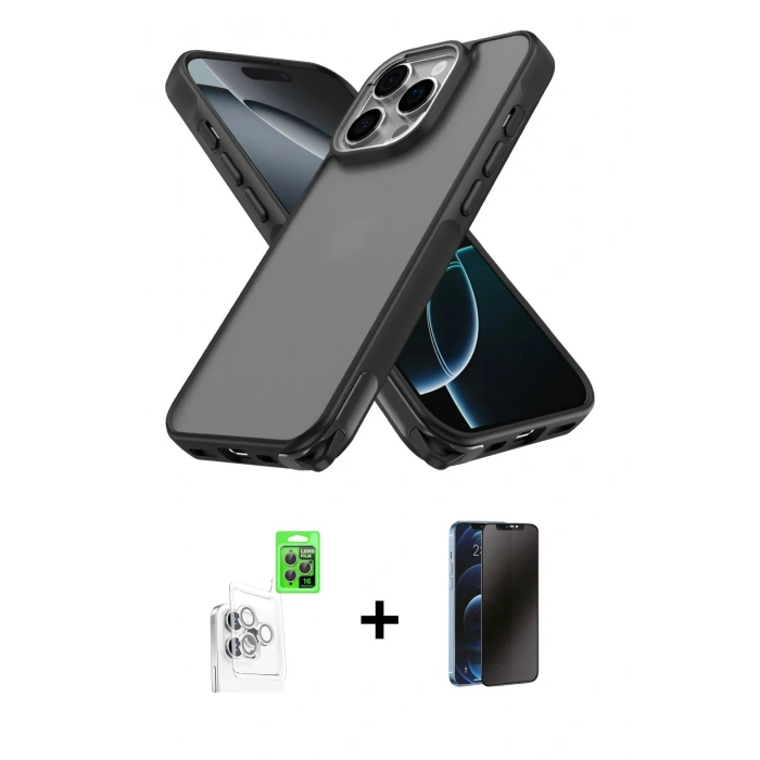 MARSİLYAN™- iPhone 16 Pro Max Kılıf Atlas Form - Siyah 3D Antistatik Hayalet Cam Ekran Koruyucu + Raze Metal Kamera Lens - BZ