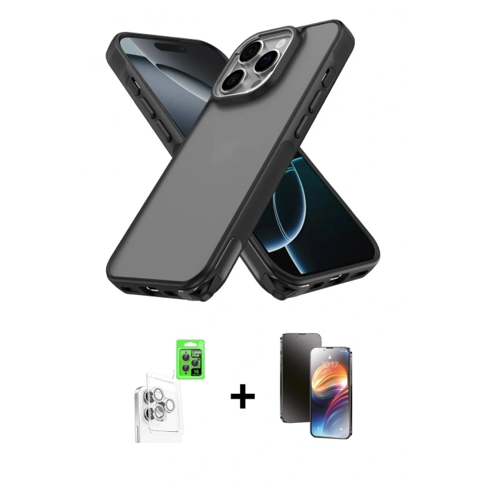 MARSİLYAN™- iPhone 16 Pro Max Kılıf Atlas Form - Siyah 3D Antistatik Mat Seramik Nano Ekran Koruyucu + Raze Metal Kamera Lens - BZ