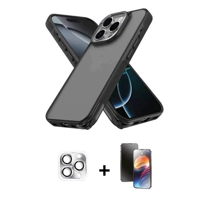 MARSİLYAN™- iPhone 16 Pro Max Kılıf Atlas Form - Siyah 3D Antistatik Mat Seramik Nano Ekran Koruyucu + Pers Alüminyum Kamera Lens - GS