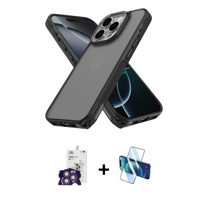 MARSİLYAN™- iPhone 16 Pro Max Kılıf Atlas Form - Siyah 3D Antistatik Seramik Nano Ekran Koruyucu + Bilvis Titan Kamera Lens - GS