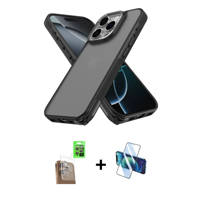 MARSİLYAN™- iPhone 16 Pro Max Kılıf Atlas Form - Siyah 3D Antistatik Seramik Nano Ekran Koruyucu + Raze Metal Kamera Lens - CLTM