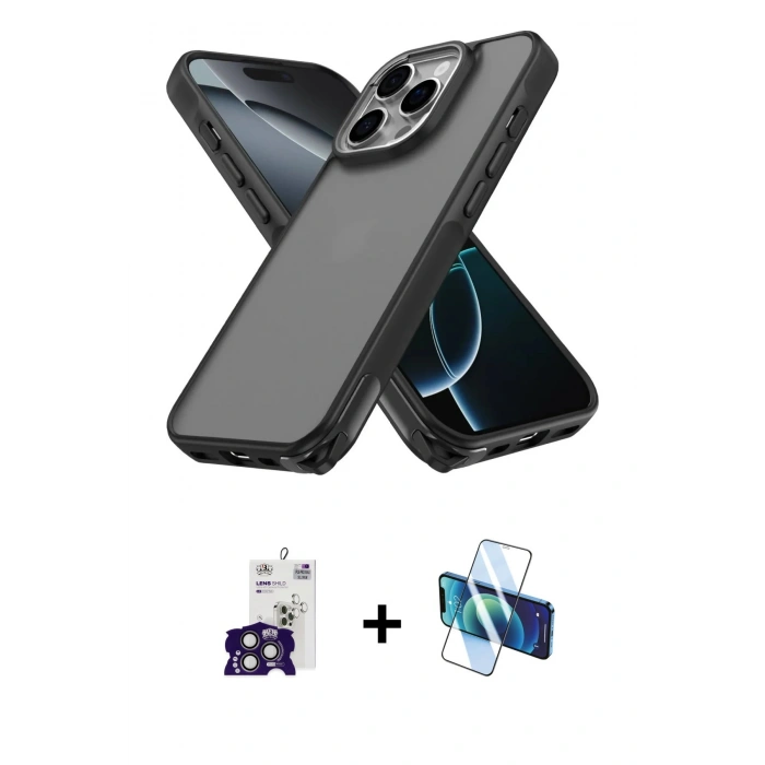 MARSİLYAN™- iPhone 16 Pro Max Kılıf Atlas Form - Siyah 3D Antistatik Seramik Nano Ekran Koruyucu + Titanyum Gri Bilvis Titan Kamera Lens