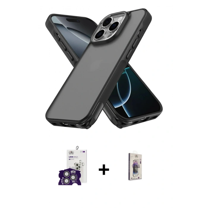MARSİLYAN™- iPhone 16 Pro Max Kılıf Atlas Form - Siyah Bilvis 3D Cam Ekran Koruyucu + Bilvis Titan Kamera Lens - GS