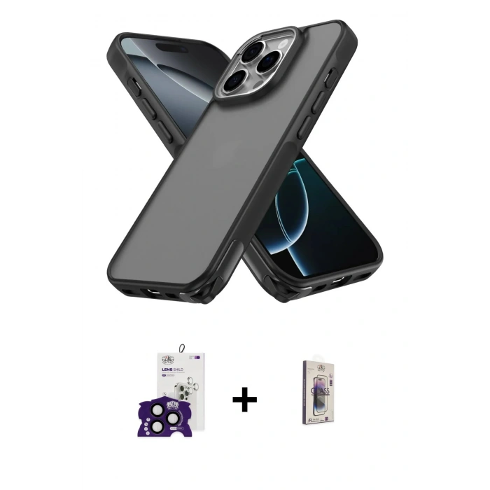 MARSİLYAN™- iPhone 16 Pro Max Kılıf Atlas Form - Siyah Bilvis 3D Cam Ekran Koruyucu + Bilvis Titan Kamera Lens - SH