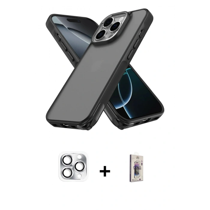 MARSİLYAN™- iPhone 16 Pro Max Kılıf Atlas Form - Siyah Bilvis 3D Cam Ekran Koruyucu + Pers Alüminyum Kamera Lens - GS