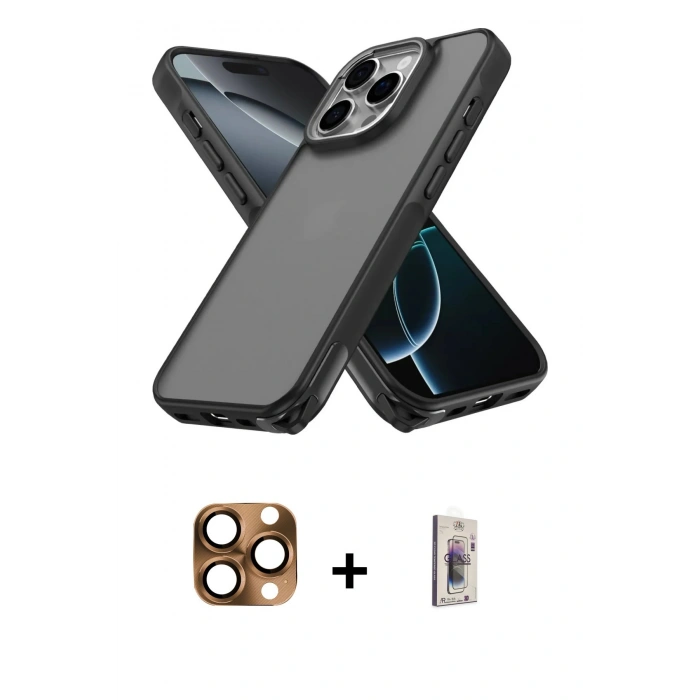 MARSİLYAN™- iPhone 16 Pro Max Kılıf Atlas Form - Siyah Bilvis 3D Cam Ekran Koruyucu + Pers Alüminyum Kamera Lens - CLTM