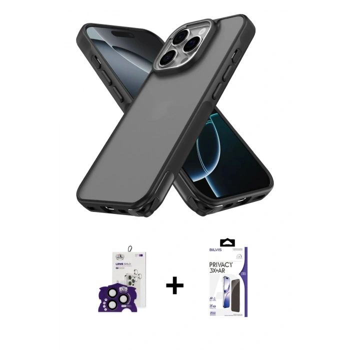 MARSİLYAN™- iPhone 16 Pro Max Kılıf Atlas Form - Siyah Bilvis 3X AR Hayalet Cam Ekran Koruyucu + Bilvis Titan Kamera Lens - SH