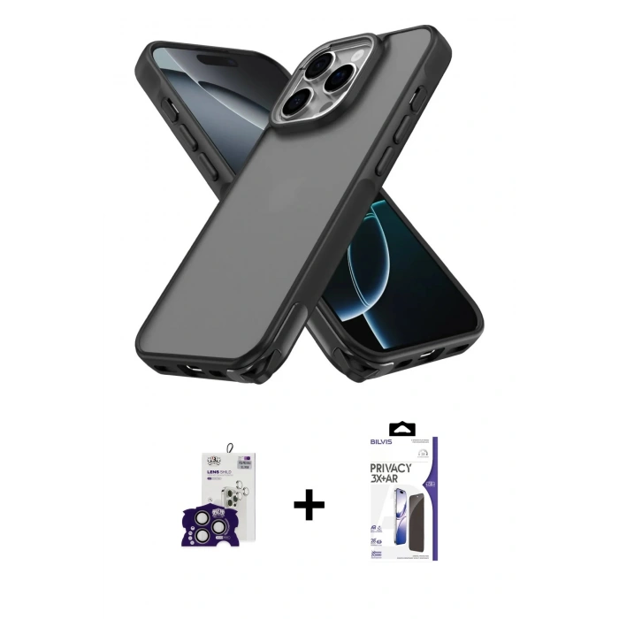 MARSİLYAN™- iPhone 16 Pro Max Kılıf Atlas Form - Siyah Bilvis 3X AR Hayalet Cam Ekran Koruyucu + Bilvis Titan Kamera Lens - TMGI