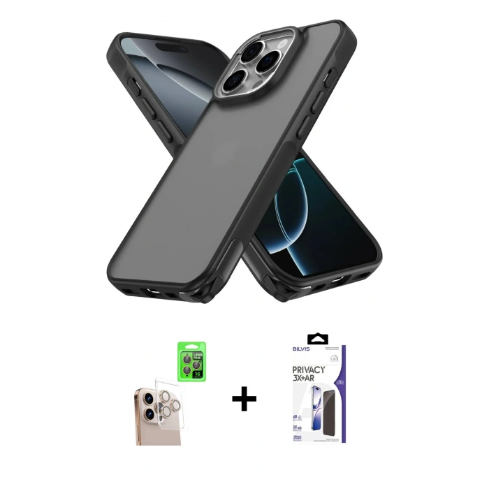 MARSİLYAN™- iPhone 16 Pro Max Kılıf Atlas Form - Siyah Bilvis 3X AR Hayalet Cam Ekran Koruyucu + Raze Metal Kamera Lens - NLGY