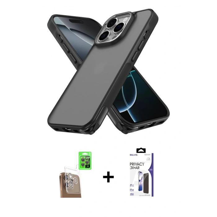 MARSİLYAN™- iPhone 16 Pro Max Kılıf Atlas Form - Siyah Bilvis 3X AR Hayalet Cam Ekran Koruyucu + Raze Metal Kamera Lens - CLTM