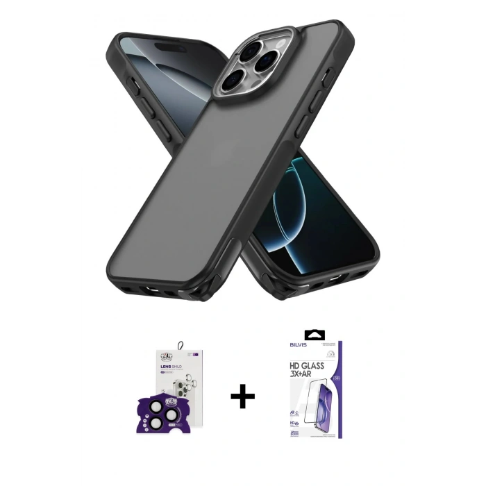 MARSİLYAN™- iPhone 16 Pro Max Kılıf Atlas Form - Siyah Bilvis 3X AR HD Cam Ekran Koruyucu + Bilvis Titan Kamera Lens - SH