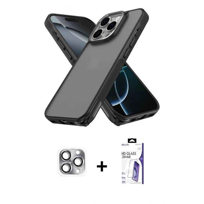 MARSİLYAN™- iPhone 16 Pro Max Kılıf Atlas Form - Siyah Bilvis 3X AR HD Cam Ekran Koruyucu + Pers Alüminyum Kamera Lens - GI