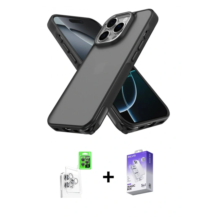 MARSİLYAN™- iPhone 16 Pro Max Kılıf Atlas Form - Siyah Bilvis 5in1 3D Magic Cam Ekran Koruyucu + Beyaz Raze Metal Kamera Lens