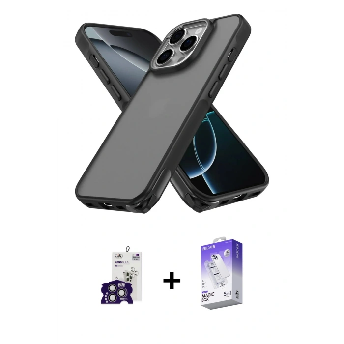 MARSİLYAN™- iPhone 16 Pro Max Kılıf Atlas Form - Siyah Bilvis 5in1 3D Magic Cam Ekran Koruyucu + Bilvis Titan Kamera Lens - TMGI