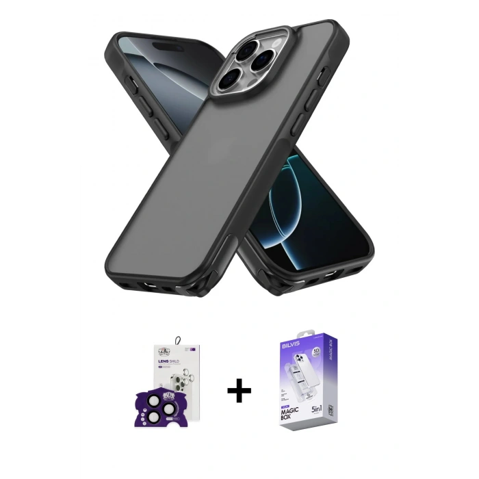 MARSİLYAN™- iPhone 16 Pro Max Kılıf Atlas Form - Siyah Bilvis 5in1 3D Magic Cam Ekran Koruyucu + Bilvis Titan Kamera Lens - SH