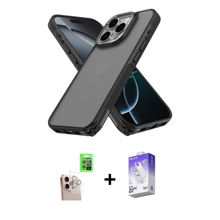 MARSİLYAN™- iPhone 16 Pro Max Kılıf Atlas Form - Siyah Bilvis 5in1 3D Magic Cam Ekran Koruyucu + Natural Grey Raze Metal Kamera Lens