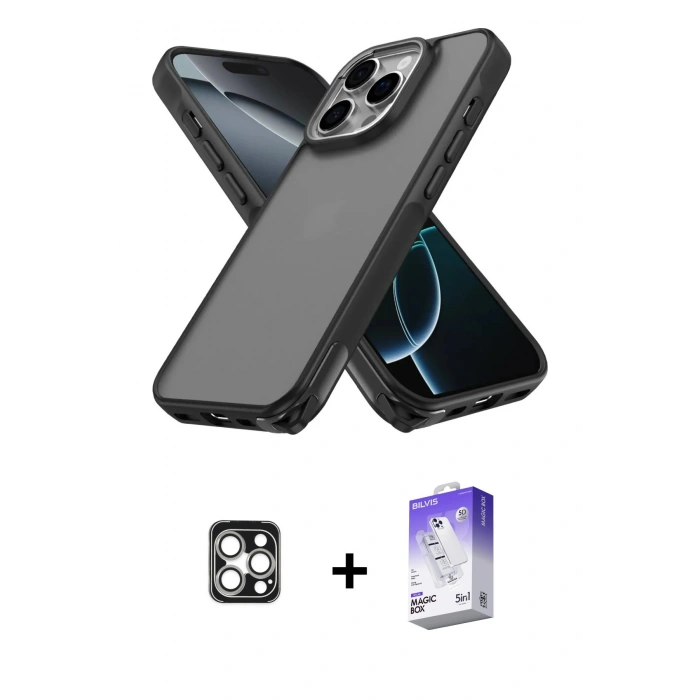 MARSİLYAN™- iPhone 16 Pro Max Kılıf Atlas Form - Siyah Bilvis 5in1 3D Magic Cam Ekran Koruyucu + PVD Metal Kamera Lens - GS