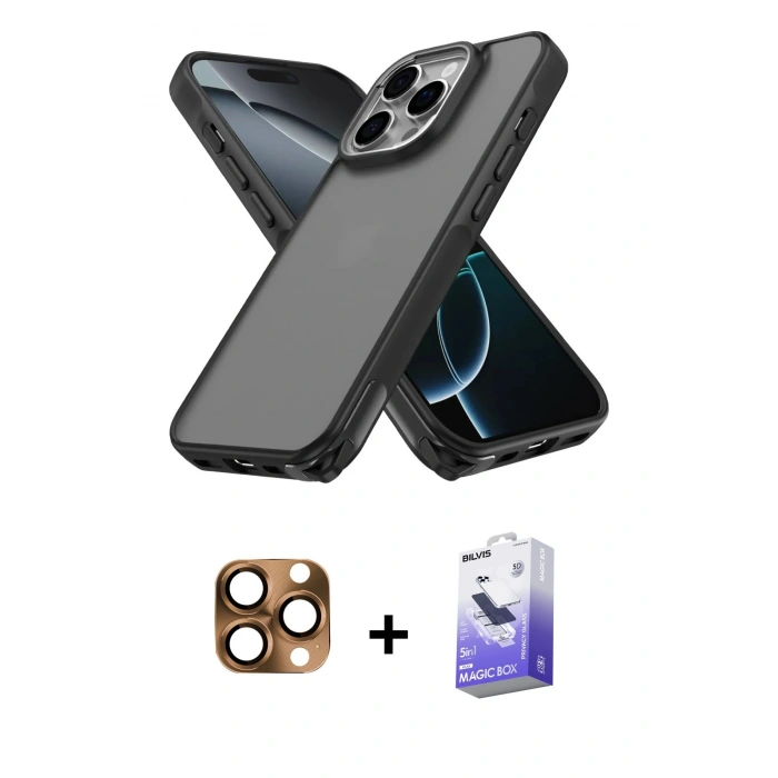 MARSİLYAN™- iPhone 16 Pro Max Kılıf Atlas Form - Siyah Bilvis 5in1 5D Magic Hayalet Cam Ekran Koruyucu + Pers Alüminyum Kamera Lens - CLTM