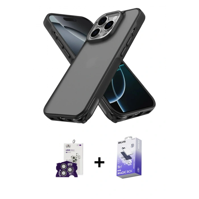 MARSİLYAN™- iPhone 16 Pro Max Kılıf Atlas Form - Siyah Bilvis 5in1 5D Magic Hayalet Cam Ekran Koruyucu + Bilvis Titan Kamera Lens - GS