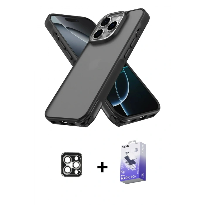 MARSİLYAN™- iPhone 16 Pro Max Kılıf Atlas Form - Siyah Bilvis 5in1 5D Magic Hayalet Cam Ekran Koruyucu + PVD Metal Kamera Lens - GS
